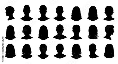 Diverse collection of black silhouette head and shoulder profiles representing various hairstyles and genders