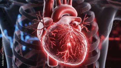 Detailed medical visualization of the human heart and surrounding anatomy with vibrant red and