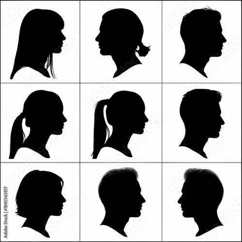 Collection of diverse human head silhouettes in profile view showcasing different hairstyles and genders