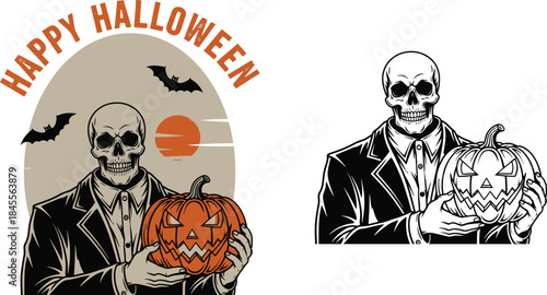 Two Skeletons Holding Jack O Lanterns Under a Moon with Bats Halloween