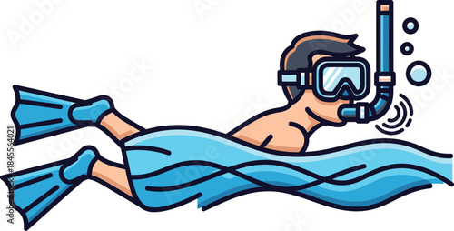 Man wearing snorkeling gear swims on surface of ocean water with flippers and mask