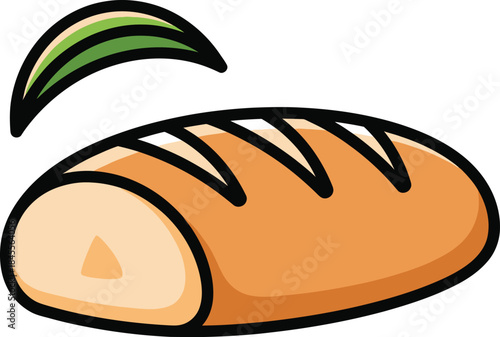 A cartoon illustration of a loaf of bread with a slice cut out and a green leaf on top