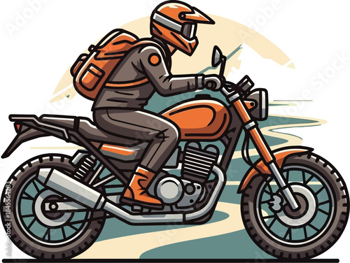 Motorcyclist wearing an orange helmet and backpack riding motorcycle on road with green and beige background