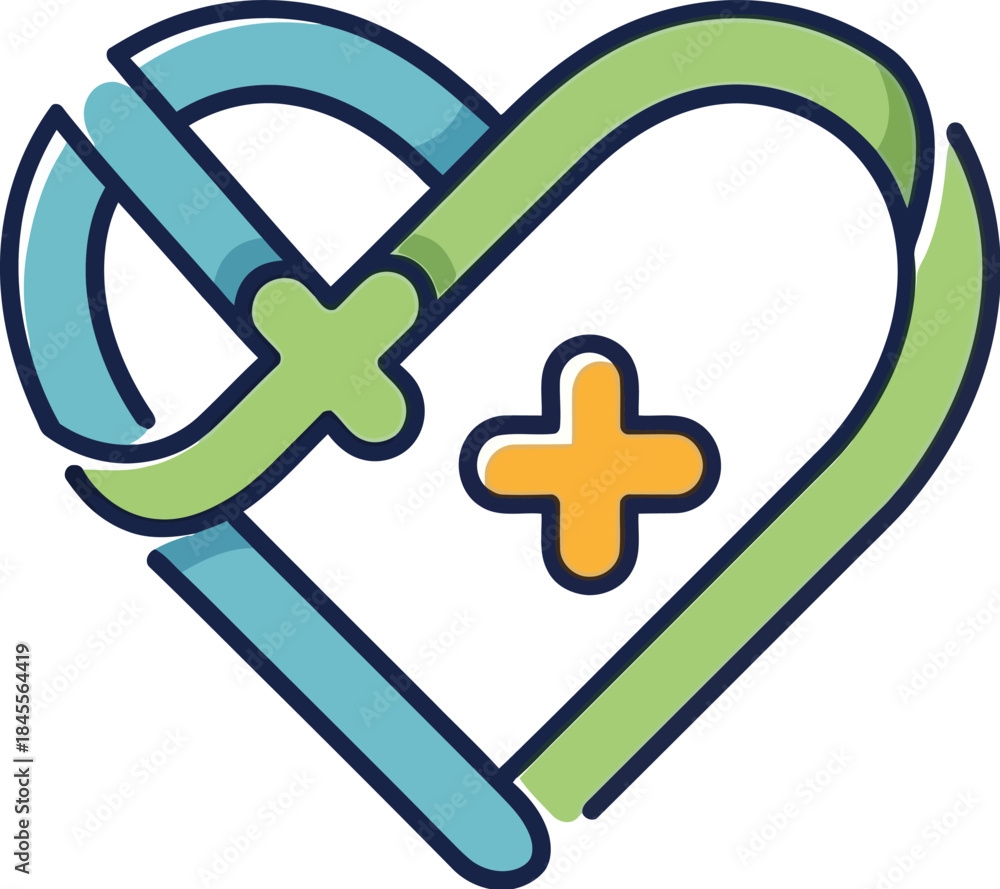 Obraz premium A colorful heart shaped symbol with a plus sign inside, intertwined with two curved lines