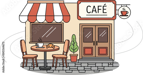 A charming cartoon illustration of a cozy caf with outdoor seating on a
