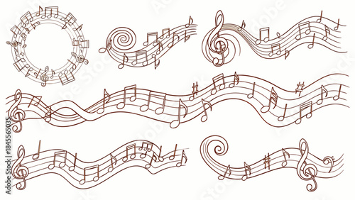 Collection of Hand-Drawn Musical Staffs with Notes and Clefs, Decorative Elements for Music Lovers and Designers