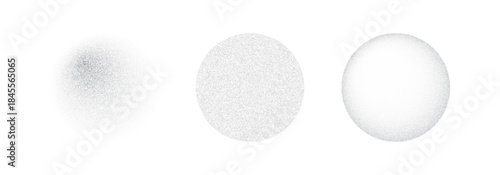 Abstract vector set of stipple grain textures representing digital noise and big data flow. Three circular gradient spheres with sandy dust effect for tech design.