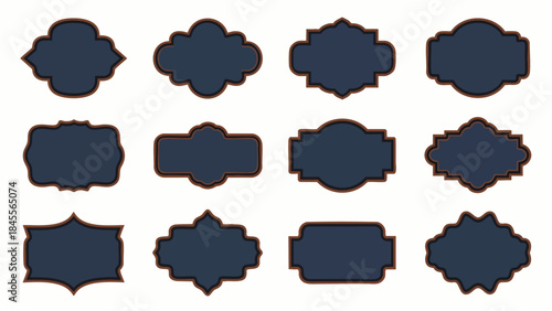 A versatile collection of twelve elegant, blank decorative labels and vintage frames in diverse classic shapes, perfect for graphic design projects and text.