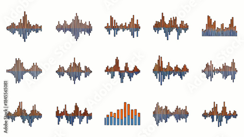 Collection of Abstract Sound Waveforms and Audio Visualizers in Blue and Orange Tones