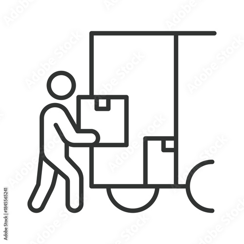 Unloading goods icon in line design. unloading, goods, worker, moving, relocation, transport, logistics on white background vector. unloading goods editable stroke icon