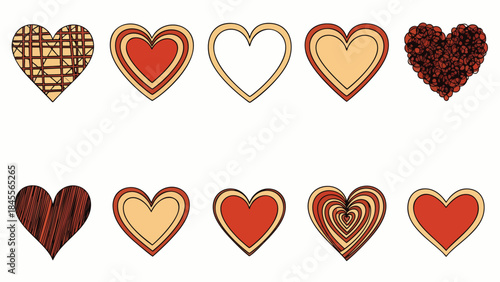 Collection of ten diverse heart shapes representing love, romance, and affection for Valentine's Day.