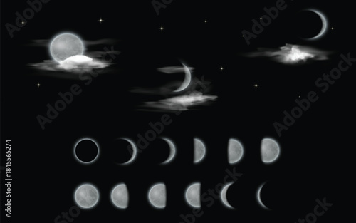 A set of moon phases and eclipses, with waxing, full, and waning icons in clouds with stars.