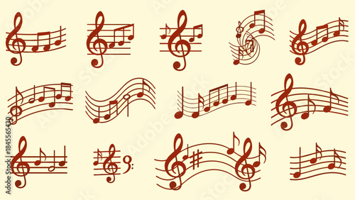 Collection of decorative musical notes and staffs creating a rhythmic visual symphony on a soft beige background.