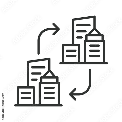 Office relocation process icon in line design. documents, transfer, business, moving, workflow on white background vector. office relocation editable stroke icon