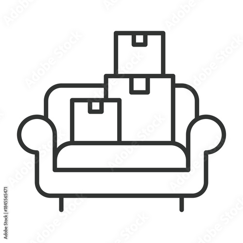 Things on sofa icon in line design. boxes, furniture, moving, household, relocation on white background vector. household things editable stroke icon