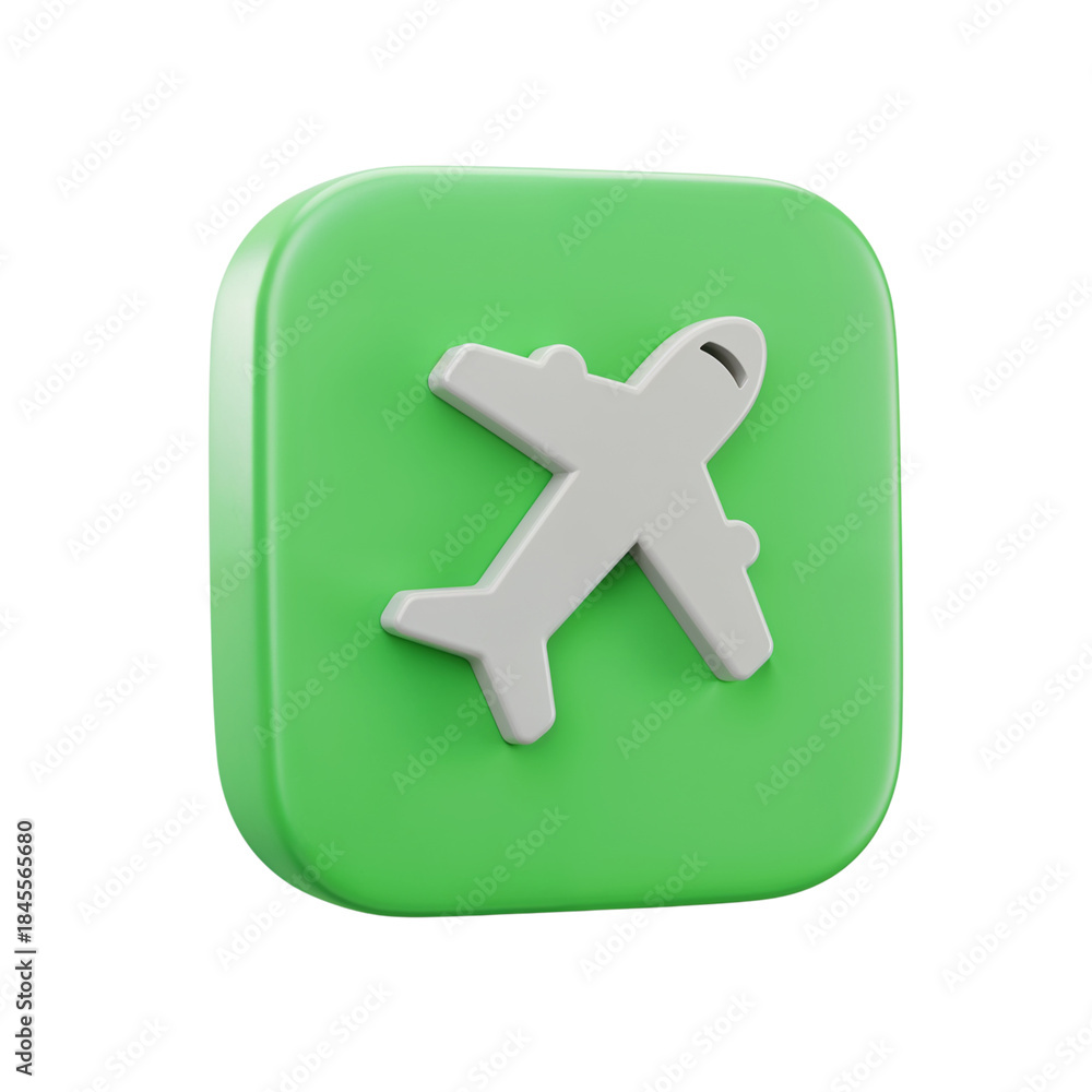 Obraz premium A simple white airplane icon on a vibrant green rounded square button isolated on transparent background