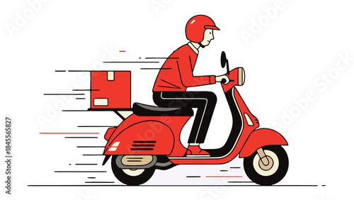 Flat illustration of a food delivery courier riding a scooter, representing fast delivery service, logistics, and online food ordering concept