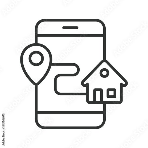 Mobile relocation app icon in line design. smartphone, house, location, moving, navigation on white background vector. relocation app editable stroke icon