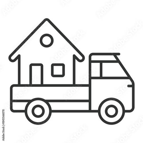 House transport icon in line design. house, truck, delivery, relocation, logistics on white background vector. house transport editable stroke icon