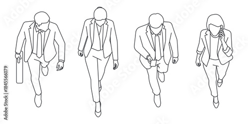 People line cad art. Vector illustration of men, women, Top view cad drawing set for architectural projects, executive men standing and sitting, editable line vector  