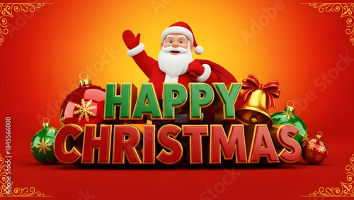 Festive 3D Happy Christmas scene with Santa, ornaments, and bell, a joyful blend of holiday spirit for 