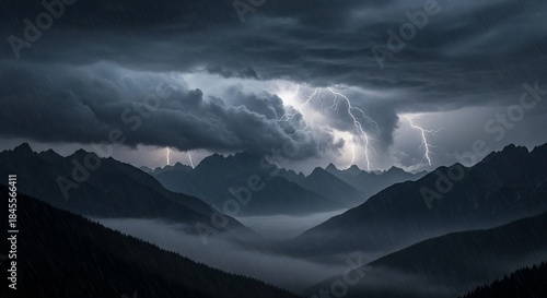 Dramatic Lightning Storm Over Mountain Valley.