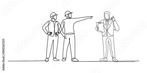 Top view cad drawing set for architectural projects, executive men standing. Manager giving instruction to builder coordinator at site meeting. Building architecture business concept.
