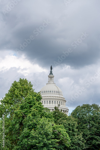 U.S. Capitol Dome Framed by Trees Under Cloudy Sky