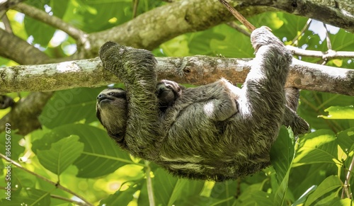 Brown-throated sloth (Bradypus variegatus) with baby climbing a tree, Cahuita National Park, Costa Rica