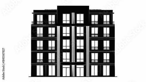 Modern Apartment Building Facade Black and White Illustration.