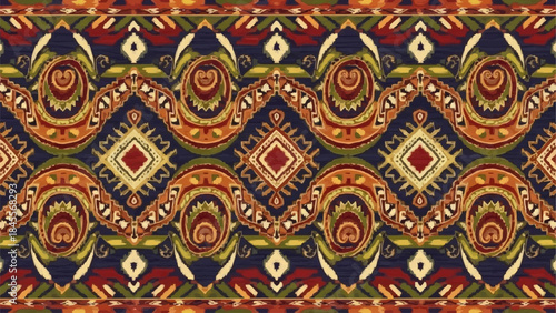 Intricate Geometric Pattern with Tribal Motifs and Vibrant Colors.