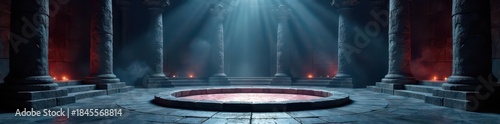Dark stone arena, pillars, empty circle center, fighting, combat