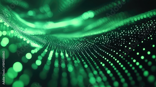 Glowing green particles illuminate a dark background, creating dynamic abstract waves representing data flow, digital connections, and advanced artificial intelligence technology concepts