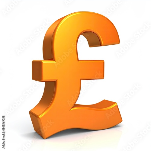 Gleaming, golden, 3D Pound sign. Angled view, white backdrop