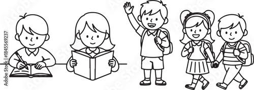 Happy School Children Learning and Playing Together Black and White Cartoon Illustration for Education and Childhood Concept