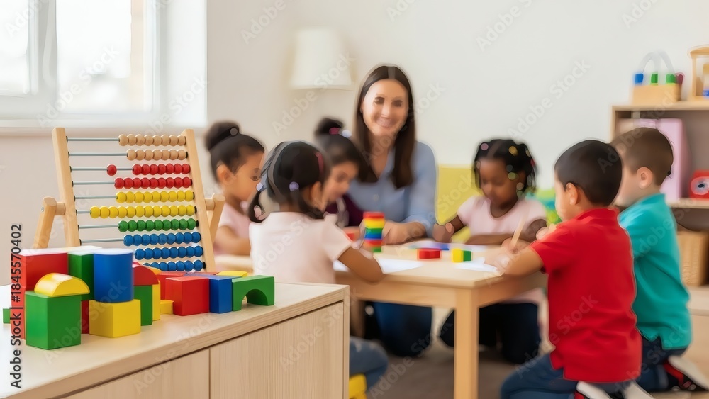 Fototapeta premium Kids Learn Play Teacher with Diverse Group in Bright Classroom.
