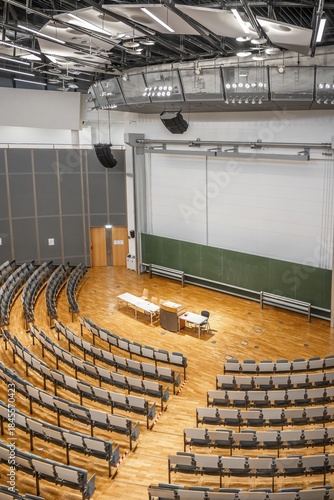 View from above into an empty lecture theatre with rows of seats and lectern, interior photo, Department of Mechanical Engineering, Technical University of Munich, TUM, Garching, Bavaria, Germany