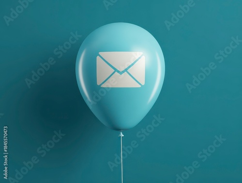 A single, light blue balloon floating against a darker teal background, showcasing a white email envelope