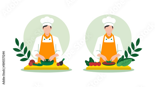 Two chefs cooking at separate stations surrounded by leafy plants, light and airy kitchen illustration, modern culinary workspace, fresh ingredients, healthy food preparation, professional chefs, vect