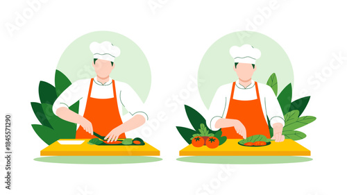 Two chefs cooking at separate stations surrounded by leafy plants, light and airy kitchen illustration, modern culinary workspace, fresh ingredients, healthy food preparation, professional chefs, vect