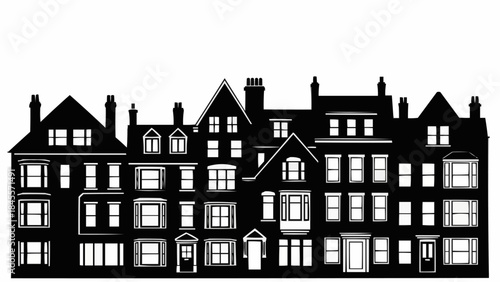 Silhouette of a row of traditional townhouses with varied architectural details.
