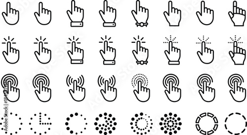 Hand Cursor and Click Line Icons Set Vector Illustration User Interface Pointer Finger Gesture Interaction Symbols Loading Circles