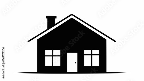 Simple Black Silhouette of a House with Chimney and Windows.