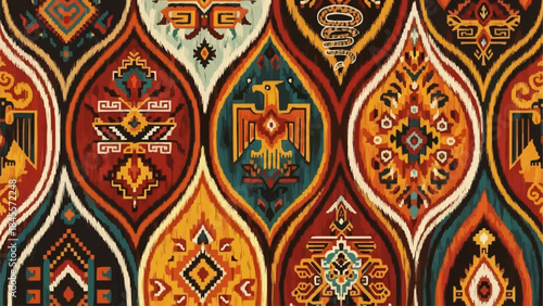 Intricate Native American Thunderbird and Geometric Pattern Textile Art.