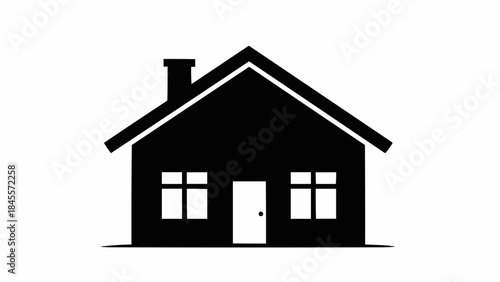 Simple Black Silhouette of a House with Chimney and Windows.
