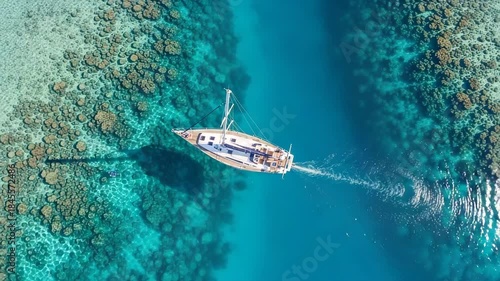 Sailing yacht navigating through vibrant coral reef in crystal clear waters