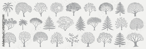 Minimal cad tree vector set, side view line drawings of tropical and oak trees, ideal for landscape design, urban planning, blueprint, presentation, and garden illustration projects.