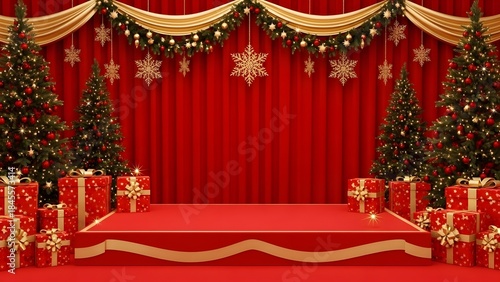 Christmas stage decorated with red curtains, trees, gifts, and golden garlands