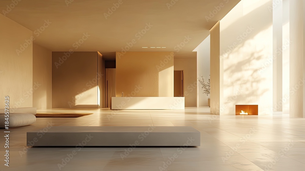 Naklejka premium Spacious contemporary living area showcasing minimalist design, a warm fireplace, and soft sunlight creating intricate shadow patterns, emphasizing tranquility and modern architectural elements