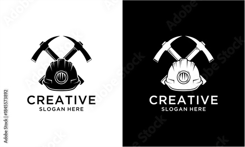 Mining hard hat and crossed pickaxes logo design.